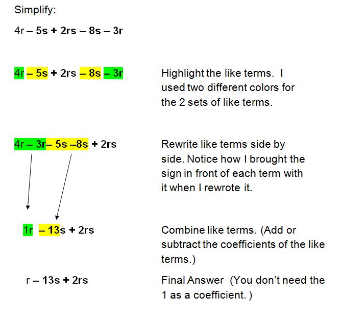 Simplifying Algebraic Expressions And Combining Like Terms