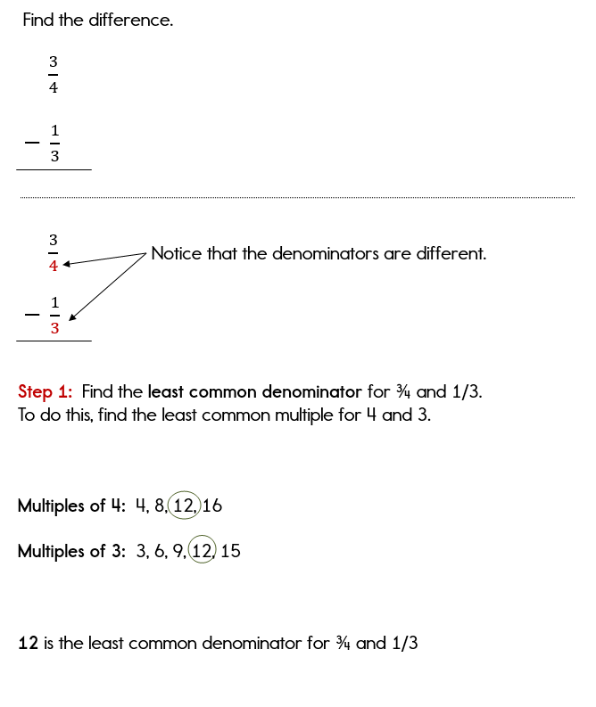 Subtracting Fractions with Unlike Denominators